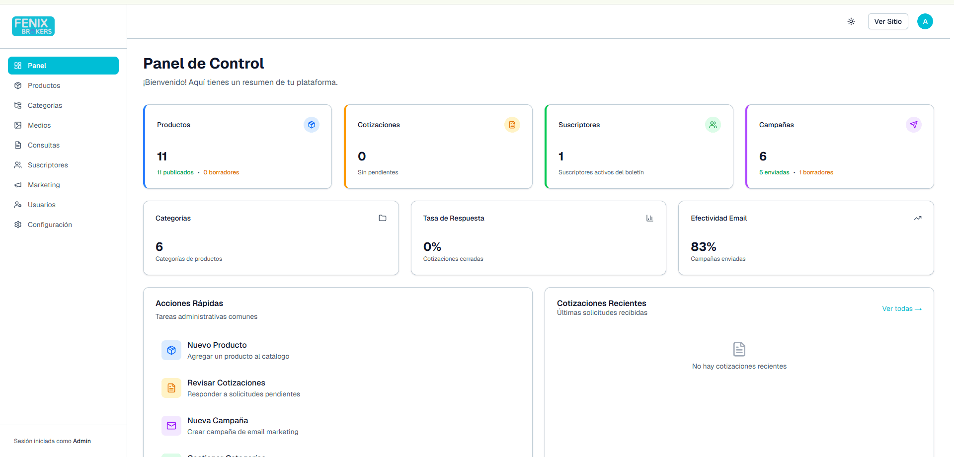 Fenix Brokers authenticated admin dashboard showing product catalog management