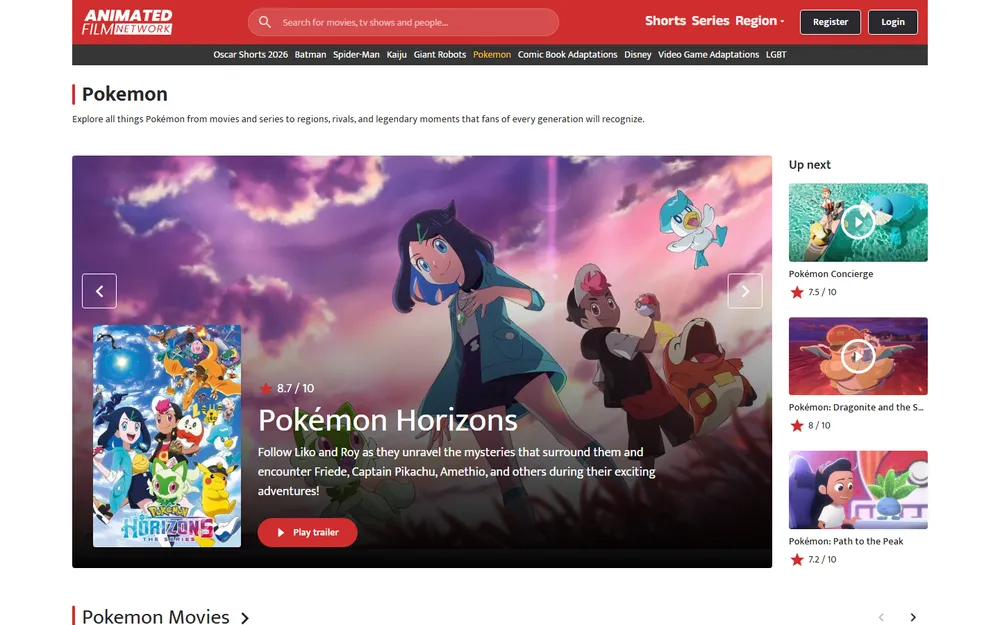 Animated Film Network homepage showing a content-rich animation news layout