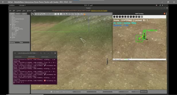 The simulated terrain the drone is flying over, beside a MOT tracking window holding a lock on a person, with the detection log streaming underneath
